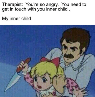 A meme featuring an animated scene of a young blonde girl with a red bow, wearing a pink polka-dot dress, appearing shocked while holding a knife in her right hand. She is being held by a man with dark hair and a mustache, dressed in a light-colored shirt. The text above the image reads: 'Therapist: You're so angry. You need to get in touch with your inner child .' Below this, the caption 'My inner child' humorously contrasts the therapist's advice with a darkly comedic depiction of an angry inner child, implying unresolved childhood trauma. The original title, 'The signs were there, mother and father chose to ignore 😢', adds a layer of sadness, suggesting parental neglect of warning signs.