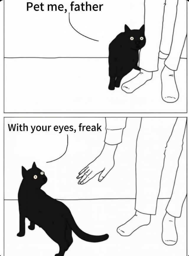 A two-panel black-and-white comic meme depicting a black cat's contradictory behavior when seeking attention. In the top panel, the cat sits beside a person's legs, looking up with wide eyes, saying 'Pet me, father' in a pleading manner. In the bottom panel, when the person extends a hand to pet it, the cat looks away dismissively, retorting 'With your eyes, freak,' humorously capturing the typical fickleness of cats when interacting with humans.