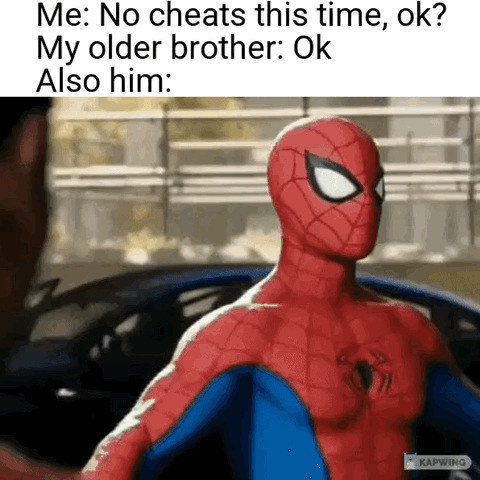 The meme opens with text describing an exchange between a user and their older brother before playing a game: the user says 'No cheats this time, ok?', the older brother replies 'Ok', then 'Also him:' introduces a screenshot of the Spectacular Spider-Man looking off to the side with a smug, untrustworthy expression, implying the brother has every intention of cheating despite his promise. The joke plays on common relatable sibling dynamics, especially around competitive gaming where older siblings often disregard rules to win.