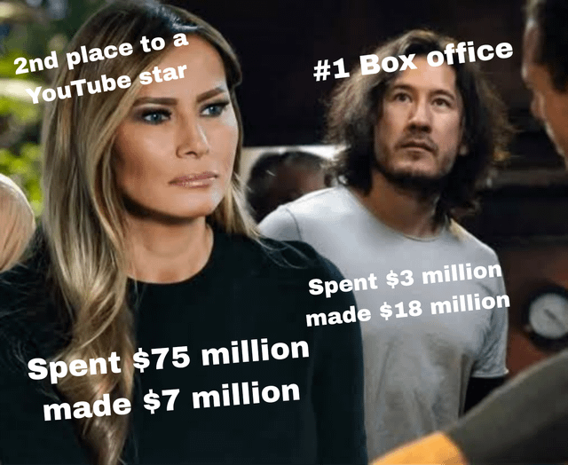 The image is a comparison meme featuring two individuals (likely from separate movie or TV show screenshots) with overlaid text contrasting their box office performances. On the left, a person with long blonde hair has text reading: '2nd place to a YouTube star' and 'Spent $75 million made $7 million,' indicating a high-budget film that underperformed financially. On the right, another person with long dark hair has text: '#1 Box Office' and 'Spent $3 million made $18 million,' representing a low-budget film that achieved significant box office success. The meme critiques the disparity between big-budget failures and profitable low-budget projects, possibly referencing a specific YouTube star's successful film.