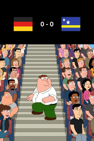 This is a humorous edited meme using a scene from the animated sitcom Family Guy. The top of the image features a mock football match scoreboard: the German national flag is displayed on the left, the Curacao national flag on the right, with a 0-0 score between them. In the center of the frame, the character Peter Griffin stands in the aisle of a crowded stadium seating area with a confused, dazed, shuffling pose. The joke references the underwhelming, boring nature of a 0-0 draw between the globally prominent German national football team and the far smaller, lesser known Curacao national team, with Peter Griffin's bewildered demeanor representing the confused or unimpressed reaction of audiences watching the uneventful match.