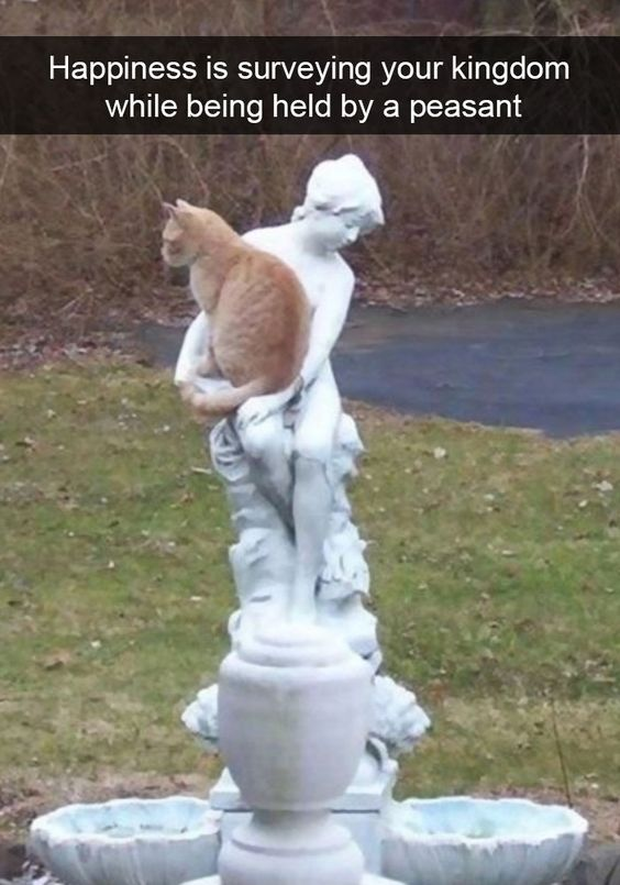 The image features an orange tabby cat sitting comfortably in the arms of a white carved stone garden statue of a seated human figure, positioned as if the statue is holding the cat. The cat faces outward, looking over a grassy yard with a small body of water and dry brush in the background, appearing to calmly observe the area. Overlaid text at the top of the image reads "Happiness is surveying your kingdom while being held by a peasant". The joke plays on the common internet trope that cats act as if they are royalty who own all spaces they occupy, framing the inanimate statue as a lowly peasant servant holding the cat to allow it to inspect its supposed domain (the yard).