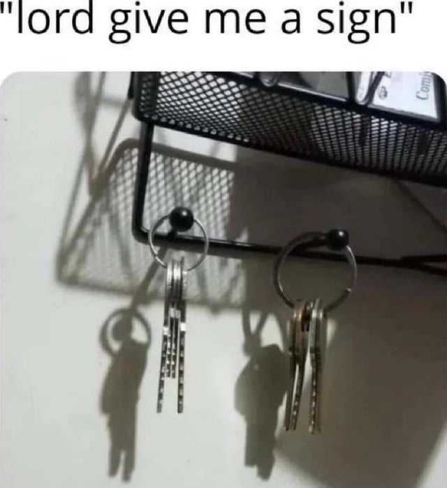 This meme features the text "lord give me a sign" at the top, paired with a photo of a wall-mounted black metal key rack holding two sets of keys. The shadow cast by the left set of keys onto the white wall forms the distinct shape of a person extending their middle finger, while the shadow of the right set resembles a person giving a thumbs-up. The humor comes from the subversion of expectation: when someone prays or asks for a divine sign, they are presented with two conflicting, silly, mundane signals from an accidental optical illusion of everyday objects. It plays on the relatable feeling of seeking guidance and receiving mixed, absurd responses.
