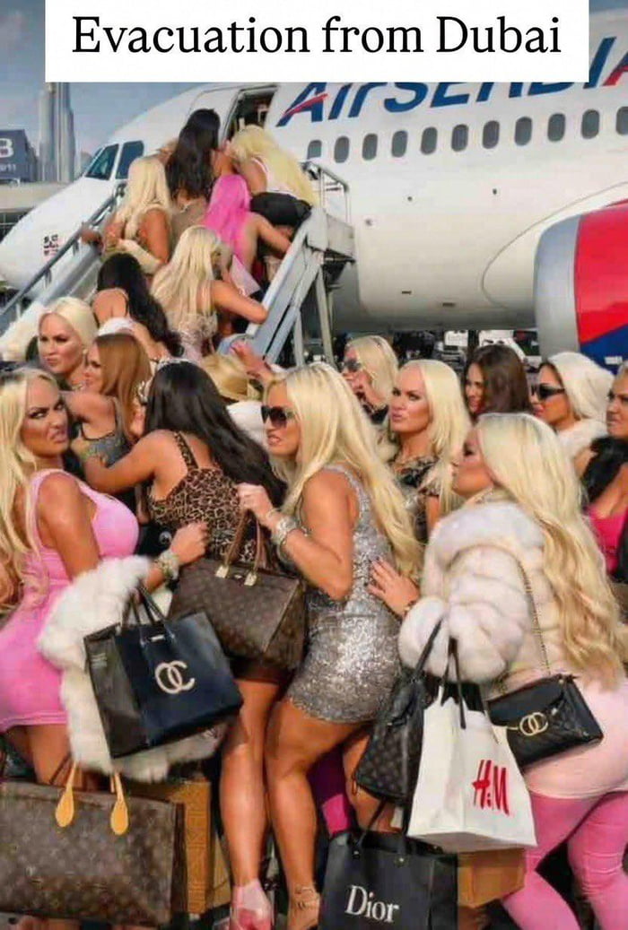 This satirical meme image, titled 'Evacuation from Dubai', depicts a chaotic, overcrowded scene of heavily made-up women in flashy, revealing outfits jostling to board an airplane. Each woman carries multiple prominent luxury brand bags, including Chanel, Louis Vuitton, Dior, and even a budget H&M bag, emphasizing extreme consumerism. The image plays on exaggerated stereotypes of wealthy, materialistic individuals in Dubai, framing an 'evacuation' as a frantic scramble to retain their designer possessions. The visual chaos, combined with the absurd premise, creates a humorous, satirical commentary on excess and cultural stereotypes.