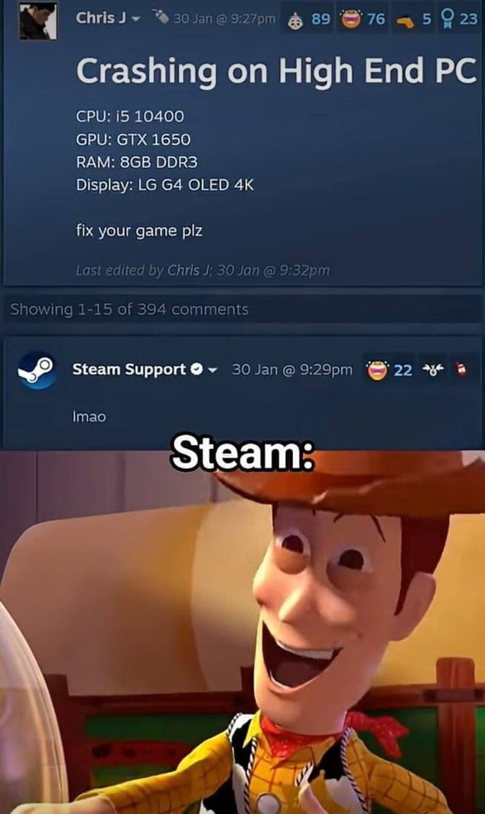 The meme combines two sections: the top part is a screenshot of a Steam community comment thread where user Chris J complains about game crashing, claiming to have a 'High End PC' with specs including an i5 10400 CPU, GTX 1650 GPU, 8GB DDR3 RAM, and an LG G4 OLED 4K display, followed by 'fix your game plz'. Steam Support responds with 'Imao'. The bottom section features an image of Woody from Disney's Toy Story with the text 'Steam:' above him, portraying Steam's amused/sarcastic reaction to the user's mislabeling of mid-range/outdated specs (e.g., 8GB DDR3 RAM) as 'High End'.
