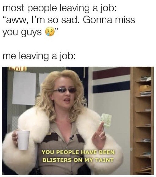 This two-part comparison meme centers on the experience of resigning from a job. The first section describes the common socially acceptable reaction of most people leaving a job: expressing sadness and claiming they will miss their coworkers, paired with a crying emoji. The second section shows the poster's unfiltered personal reaction, using a still of Deputy Clementine Johnson from the comedy series *Reno 911!*, who wears sunglasses and a fur-trimmed jacket, holds a drink and cash with a smug, unbothered demeanor. Overlaid text on the still reads "YOU PEOPLE HAVE BEEN BLISTERS ON MY TAINT", a vulgar joke meaning the poster found their former job and coworkers to be an unbearable burden, and is extremely relieved to leave. The humor comes from the sharp, relatable contrast between expected polite resignation behavior and the unspoken feelings many people have about leaving a toxic or unpleasant job.