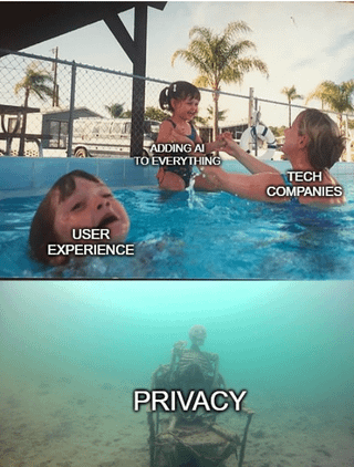 This is a two-panel satirical meme. The top panel shows a swimming pool scene: an adult woman labeled 'TECH COMPANIES' happily holds a smiling little girl labeled 'ADDING AI TO EVERYTHING', while a second child labeled 'USER EXPERIENCE' is half-drowning, distressed and ignored in the pool water next to them. The bottom panel shows the view under the pool surface, where a skeleton sitting on a folding chair at the pool floor is labeled 'PRIVACY', representing that privacy is completely dead, abandoned and forgotten. The joke criticizes how tech companies prioritize rushing to add AI features to all products, neglect user experience quality, and entirely disregard user privacy in the process.