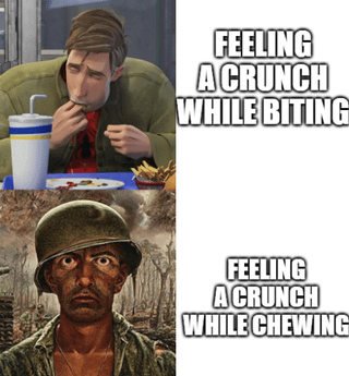 A two-panel meme comparing two scenarios of 'feeling a crunch.' The top panel shows a man in a casual setting, eating at a table with a drink and food, with the text 'FEELING A CRUNCH WHILE BITING.' The bottom panel shows a soldier in a war-torn environment, appearing serious, with the text 'FEELING A CRUNCH WHILE CHEWING.' The humor lies in the stark contrast between the trivial (everyday crunch from food) and the severe (implied crunch from something dangerous in war).