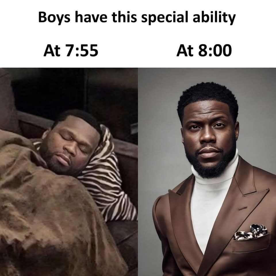 This is a two-panel relatable comparison meme. The top header text reads 'Boys have this special ability'. The left panel is labeled 'At 7:55' and features a photo of celebrity 50 Cent (Curtis Jackson) fast asleep under a brown blanket, looking completely exhausted and unprepared. The right panel is labeled 'At 8:00' and features a photo of celebrity Kevin Hart fully dressed in a polished brown suit and white turtleneck, looking alert, put-together, and ready for a formal event. The meme humorously exaggerates the common stereotype that boys/men are able to go from being fully asleep to completely ready for obligations in just 5 minutes with minimal effort.