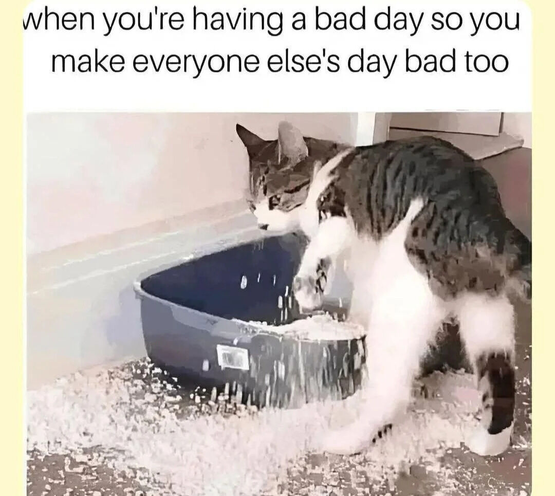 This is a single-panel animal meme. The top of the image features English caption text, below which is a photo of a brown tabby and white cat standing next to a grey plastic litter box. The cat is aggressively digging and flinging cat litter out of the box, leaving a large mess of litter scattered all over the floor around it. The meme uses the cat's messy, seemingly spiteful action as a humorous visual metaphor for the relatable experience of being in a bad mood and intentionally or unintentionally making other people around you also have a bad day.