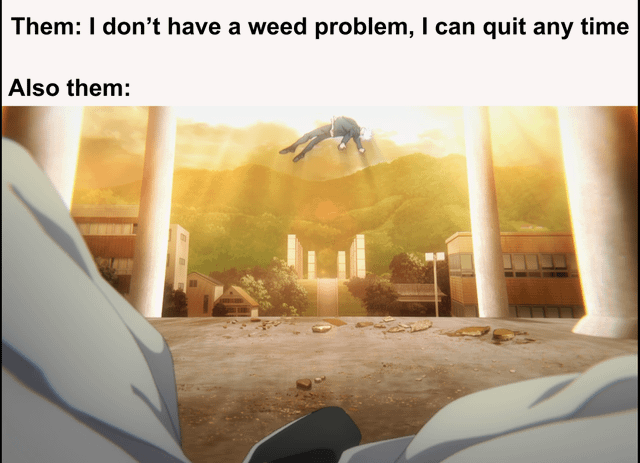 A meme consisting of two text segments followed by an anime screenshot. The first text reads 'Them: I don’t have a weed problem, I can quit any time' and the second text 'Also them:' is positioned above an animated scene. The scene depicts a character dramatically diving or falling through an outdoor area with tall pillars, green mountains, and buildings in the background, bathed in warm, golden light. The humor stems from the sarcastic contrast between the denial of a weed problem and the extreme, desperate action implied by the character’s dive, suggesting the individual cannot actually quit easily.