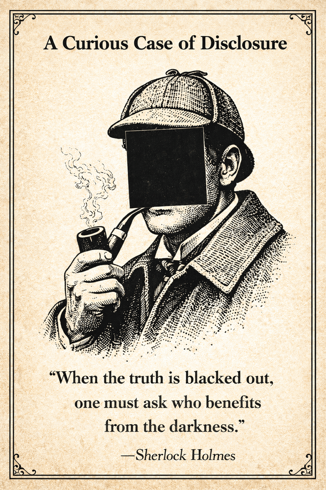 A vintage-style illustration with a sepia-toned background and decorative border. At the top, the title reads 'A Curious Case of Disclosure' in serif font. The central image depicts Sherlock Holmes, recognizable by his deerstalker hat and Inverness coat, holding a smoking pipe with visible smoke curls. His face from the eyes up is completely blacked out, obscuring his features. Below the illustration, a quote attributed to Sherlock Holmes states: 'When the truth is blacked out, one must ask who benefits from the darkness.' The overall design evokes a classic, literary aesthetic with a critical undertone.