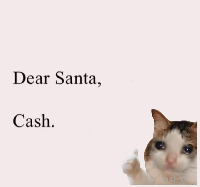 A minimalist meme featuring a small image of a cat giving a thumbs-up gesture in the bottom right corner, with the text 'Dear Santa, Cash.' displayed in the center-left of the image. The cat appears to be a real animal with white and brown fur, blue eyes, and a neutral expression while making a human-like thumbs-up. The background is plain light pink, and there's a watermark 'DAL3X' in the bottom right corner, suggesting AI generation.