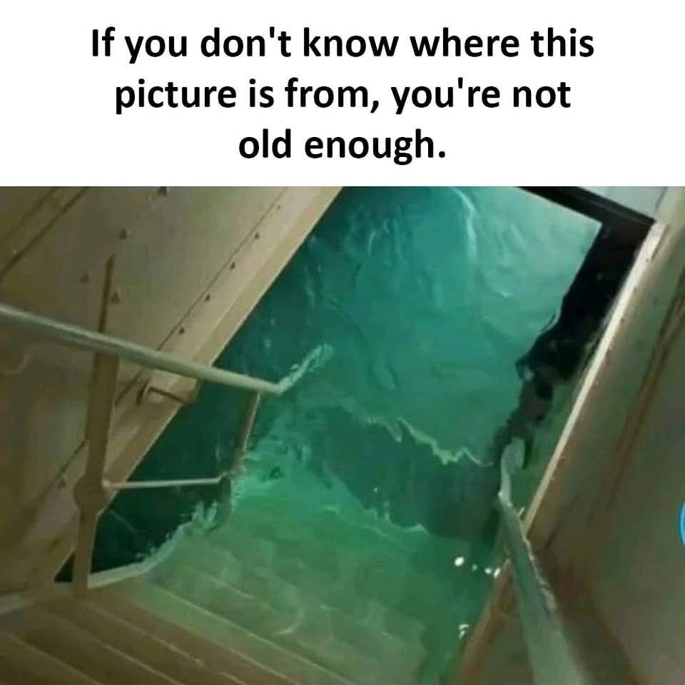 This meme features a top text overlay that reads 'If you don't know where this picture is from, you're not old enough.' placed above a film still of a partially submerged, flooded grand staircase with teal blue water rising up the steps. This still is a famous scene from the 1997 blockbuster film 'Titanic', showing the ship's opulent grand staircase filling with water as the vessel sinks. The meme functions as a lighthearted generational joke, implying that only people old enough to have experienced the peak cultural relevance of the 'Titanic' film upon its release or in the years immediately following will recognize the scene.
