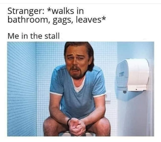 A meme consisting of two parts: top text and an image. The top text reads 'Stranger: *walks in bathroom, gags, leaves* Me in the stall'. Below the text is an image of Leonardo DiCaprio sitting on a toilet in a bathroom stall with a concerned and awkward expression, hands clasped between his knees. The bathroom has blue tiled walls and a white toilet paper dispenser mounted on the wall to his right. The humor arises from the relatable scenario of a stranger reacting negatively to an unpleasant smell in the bathroom, contrasting with the awkwardness of the person in the stall.