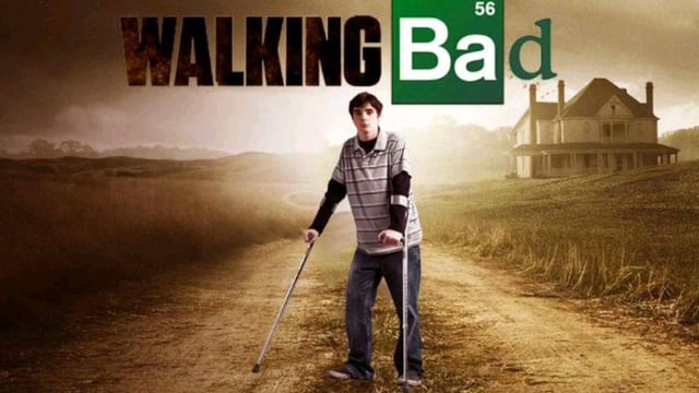 This is a dark humor pun meme that parodies two popular American TV series, *Breaking Bad* and *The Walking Dead*, to create a fake show titled 'Walking Bad'. The background uses the dusty, desolate rural aesthetic of *The Walking Dead*, featuring a dirt path leading to an isolated old house on a grassy hill. In the center of the frame stands Walter White Jr. (also known as Flynn) from *Breaking Bad*, a character with cerebral palsy who uses crutches for mobility. The title text combines the gritty, weathered font of *The Walking Dead* for the word 'WALKING' and the iconic green periodic table-style branding from *Breaking Bad* (complete with the atomic number 56 for Barium, matching the 'Ba' styling from *Breaking Bad*'s title) for the word 'Bad'. The core joke is a pun that plays on Walter Jr.'s mobility challenges, merging the two show names for humorous effect.