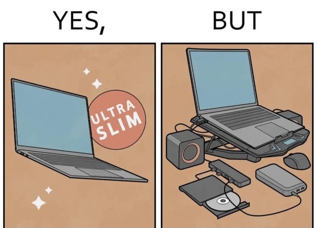 A two-panel meme contrasting the advertised ideal vs. real-world use of an 'ultra slim' laptop. The left panel, labeled 'YES,' shows a sleek laptop with sparkles and a prominent 'ULTRA SLIM' badge, emphasizing its thin design. The right panel, labeled 'BUT,' reveals the same laptop surrounded by numerous bulky accessories: a speaker, mouse, external disc drive, power bank, and tangled cables, highlighting the irony of a 'slim' device requiring many peripherals to function practically.
