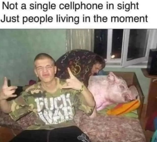 The image depicts two people and a pig in a room with a window. The foreground person wears a camouflage shirt with 'FUCK WAR' printed on it, sitting on a couch and making peace signs with both hands. Behind them, another person is partially covered by a patterned blanket. To their right, a large pink pig lies relaxed on the couch. Above the scene, text reads: 'Not a single cellphone in sight Just people living in the moment'.