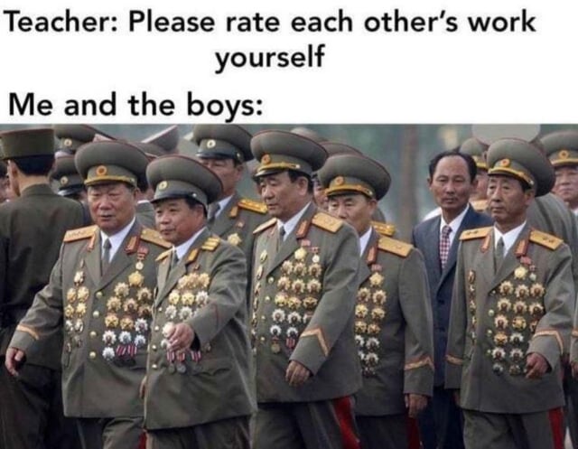 This is a classic reaction meme. The top text sets up a common school scenario: a teacher instructs students to rate each other's school work independently. The line below reads 'Me and the boys:', followed by a photograph of a group of North Korean military generals walking in a procession. Each general's uniform chest is completely covered with dozens of medals and honors, serving as a visual joke implying that when students are assigned peer review, they all give each other maximum, inflated scores, equivalent to awarding each other as many positive honors/medals as possible, with no one receiving a low rating.