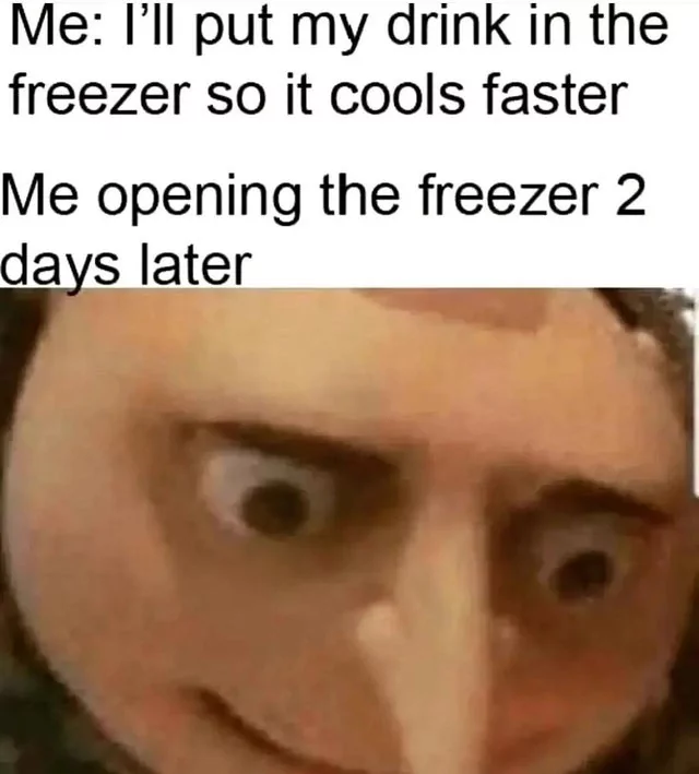 This relatable meme features text at the top followed by a reaction image. The first text line reads 'Me: I'll put my drink in the freezer so it cools faster', the second text line reads 'Me opening the freezer 2 days later'. Below the text is a distorted, close-up shot of the animated character Gru from Despicable Me, with wide, shocked eyes and an awkward, strained smile. The joke refers to the common relatable experience of putting a drink in the freezer to chill it quickly, then completely forgetting about it until days later when you find it fully frozen.