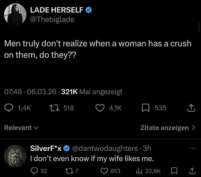 This meme is a screenshot of a Twitter/X thread featuring a humorous, relatable take on men's obliviousness in relationships. The top tweet from user LADE HERSELF (@Thebigglade) poses a rhetorical question: *"Men truly don't realize when a woman has a crush on them, do they??"* Below it, a reply from user SilverF*x (@dantwodaughters) delivers a self-deprecating punchline: *"I don’t even know if my wife likes me."* The humor stems from the extreme, relatable twist—taking the original question about crushes to the level of long-term marriage, highlighting how men can be oblivious even in committed relationships. The thread has significant engagement, with 321K views on the top tweet, 4.1K likes, and 653 likes on the reply.