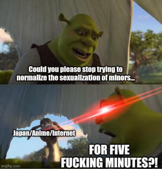 This is a two-panel edited meme using footage from the 2001 animated film *Shrek*. The top panel features Shrek leaning out of his doorway with a frustrated, pleading expression, paired with the text: 'Could you please stop trying to normalize the sexualization of minors...'. The bottom panel shows Shrek shooting glowing red laser beams from his eyes at Donkey, who is labeled 'Japan/Anime/Internet', with the large, yelling text: 'FOR FIVE FUCKING MINUTES?!'. The meme uses a popular existing format to communicate extreme, exasperated frustration at the recurring trend of underage sexualization present in some anime content, Japanese media, and broader online spaces.