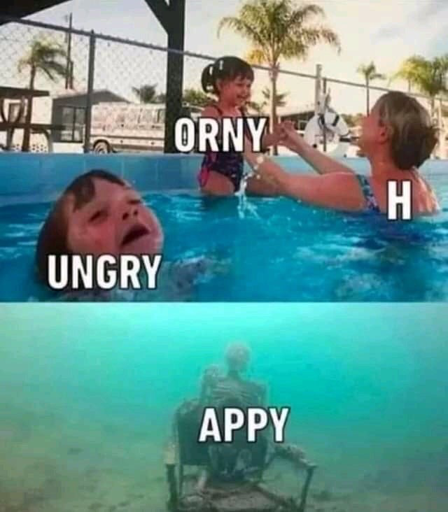 This is a two-panel edited meme image. The top panel shows the surface of a public swimming pool: a young child is half-submerged in water with a pained, distressed expression, labeled with the text "UNGRY"; a little girl in a swimsuit stands in shallow water smiling, labeled with the text "ORNY"; an adult woman next to her interacts with the girl, labeled with the letter "H". The bottom panel shows the view under the pool water, where a human skeleton sits on a folding chair at the pool bottom, labeled with the text "APPY". The joke relies on wordplay: the three text segments plus the letter "H" combine to form the words "Hungry", "Horny", and "Happy", implying the letter "H" is taken by the adult, leaving the three states incomplete. The skeleton under water adds dark, absurd humor, suggesting the "Happy" state is associated with being completely submerged/forgotten, playing on the relatable joke of people being preoccupied by hunger, lust, and happiness simultaneously to the point of ignoring obvious danger.