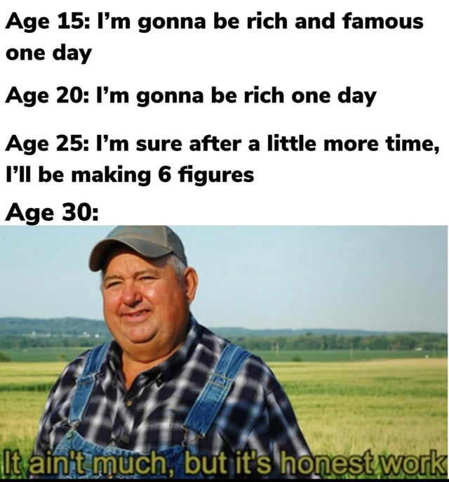 A meme depicting the evolution of life expectations across different ages. The top section features four text boxes with decreasing ambition: 'Age 15: I'm gonna be rich and famous one day', 'Age 20: I'm gonna be rich one day', 'Age 25: I'm sure after a little more time, I'll be making 6 figures', and 'Age 30:' followed by an image of a smiling middle-aged farmer in blue overalls standing in a green field with distant hills. Below the image, the text 'It ain't much, but it's honest work' humorously contrasts youthful aspirations with contentment in simple, sincere labor.