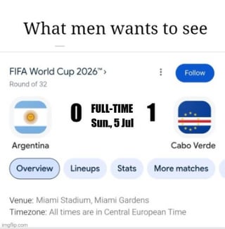 This humorous meme displays a fictional edited 2026 FIFA World Cup Round of 32 match result screenshot. The header text reads 'What men wants to see' (with an intentional casual typo typical of meme content), and shows a final full-time score of 0 for Argentina, the defending 2022 World Cup champion, and 1 for underdog nation Cabo Verde, dated Sunday July 5, held at Miami Stadium in Miami Gardens. The joke leans into the popular sports fan trope of enjoying unexpected upset results where heavily favored, top-ranked teams lose to much smaller, lower-ranked sides in major global tournaments.