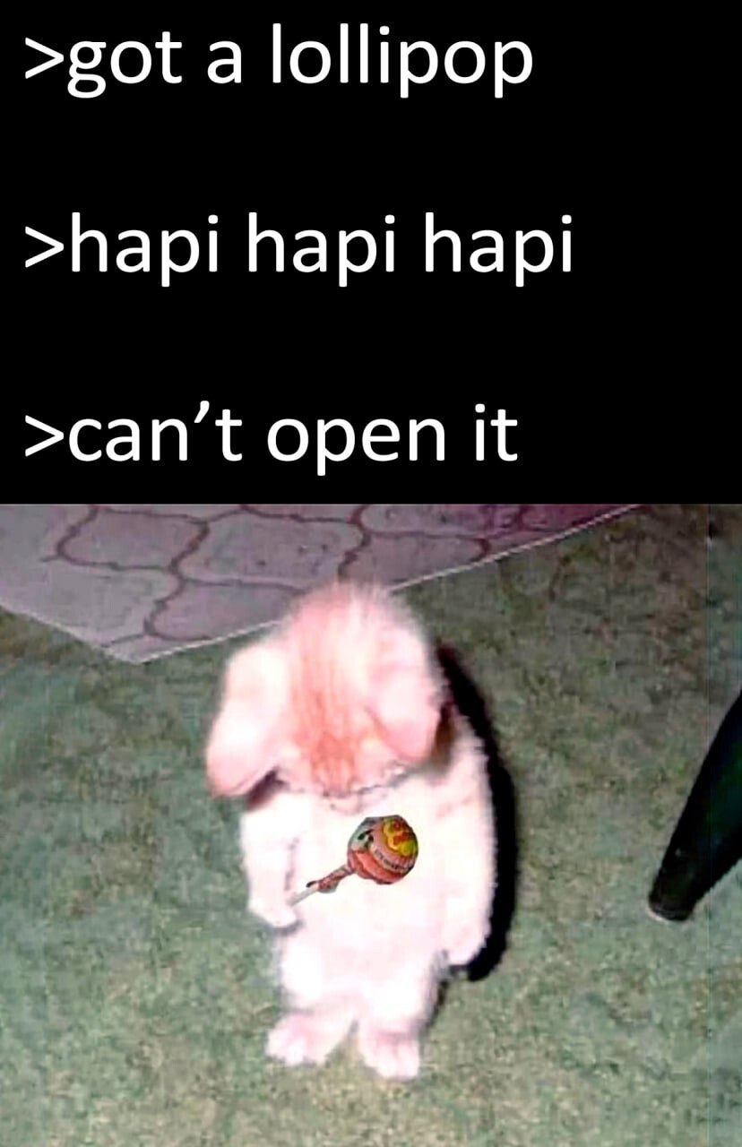 A meme featuring a small kitten with pink and white fur standing on its hind legs on a green carpet, holding a round lollipop with colorful wrapping in its front paws. Above the kitten, three lines of white text read sequentially: '>got a lollipop', '>hapi hapi hapi' (misspelled 'happy'), and '>can’t open it'. The image humorously contrasts the kitten’s initial excitement (expressed through repeated 'hapi') with the frustration of being unable to open the lollipop, creating a relatable and cute scenario.