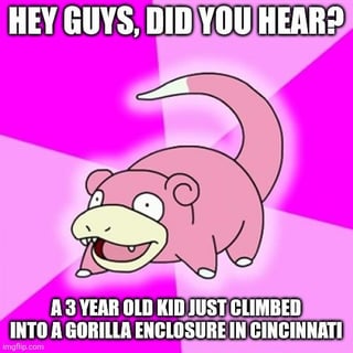 A meme featuring the Pokémon character Slowpoke on a bright pink background with radiating lines. Slowpoke, an animated blue/pink Pokémon with a long tail and a typically sluggish demeanor, is depicted with a surprised or excited expression, standing upright. The top text reads 'HEY GUYS, DID YOU HEAR?' in bold, uppercase letters, and the bottom text states 'A 3 YEAR OLD KID JUST CLIMBED INTO A GORILLA ENCLOSURE IN CINCINNATI'. The meme uses Slowpoke's反差 (contrast) between its usual slowness and the urgent, shocking news for comedic effect, referencing a real-life incident.