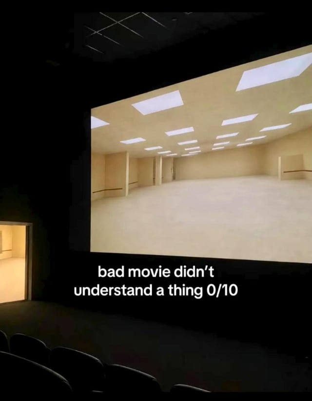 This meme is shot from the perspective of a person sitting in an empty movie theater. The theater screen displays imagery of the Backrooms, a famous internet liminal space creepypasta that depicts endless, empty, monotonous pale yellow rooms with no narrative content. Sarcastic review text is overlaid at the bottom of the screen reading 'bad movie didn't understand a thing 0/10'. The joke relies on the fact that the Backrooms has no plot, so a film consisting only of Backrooms footage would be completely incomprehensible, making the cost of the movie ticket a total waste as referenced in the title.