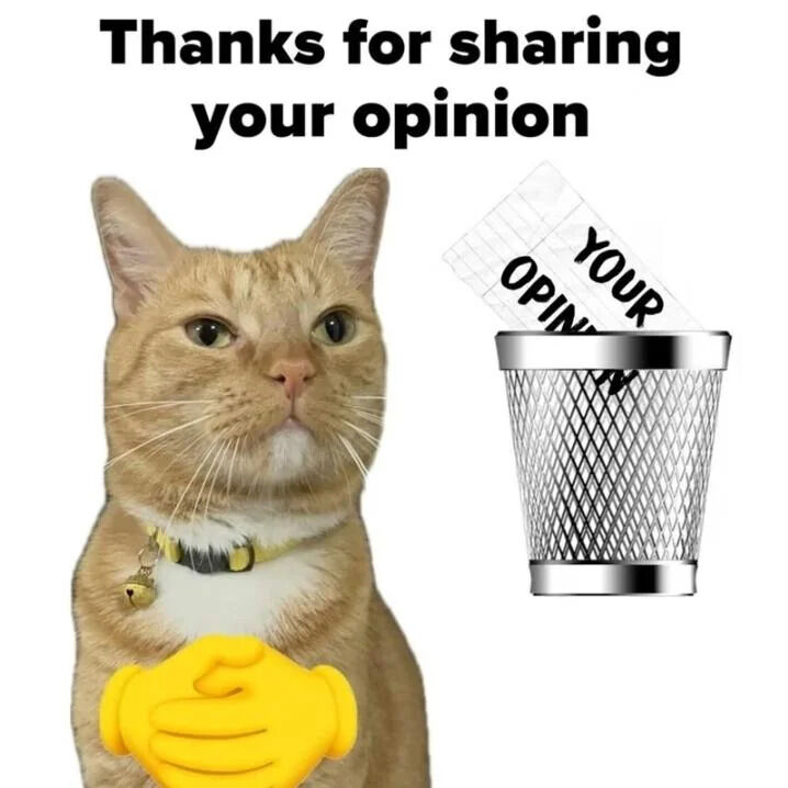 An image featuring an orange tabby cat wearing a yellow collar with a bell, holding a yellow handshake emoji in its front paws. At the top of the image, bold black text reads 'Thanks for sharing your opinion'. To the right of the cat, a silver mesh trash can is shown with a piece of paper labeled 'YOUR OPINION' being thrown into it. The meme humorously conveys dismissing someone's opinion by pretending to appreciate it before discarding it.
