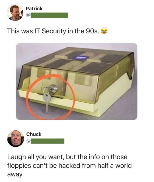 This image is a screenshot of a Twitter conversation between two users joking about 1990s IT security. The first user Patrick shares a photo of a locked storage box for vintage 5.25-inch floppy disks, with the lock circled in orange, and jokes that this was IT security back in the 90s. A second user Chuck replies that while the physical lock may look silly now, the data stored on those floppies cannot be hacked remotely from halfway across the world, pointing out the unarguable benefit of physical air-gapped security compared to modern connected systems. The original Reddit post this was shared from also notes that the box can be misidentified as a Super Nintendo console at first glance.
