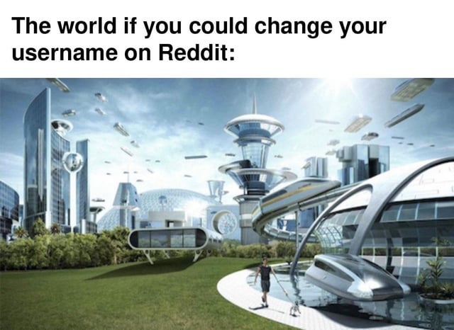 The meme features a vibrant, futuristic utopian cityscape characterized by sleek, modern architecture, including tall glass buildings, domed structures, and flying vehicles. Lush greenery and a curved pathway are visible in the foreground, with a small figure walking a dog. Prominently displayed at the top of the image is bold, black text that reads: 'The world if you could change your username on Reddit:'. This text humorously exaggerates the desire for editable Reddit usernames by equating the feature to creating a perfect, ideal world.