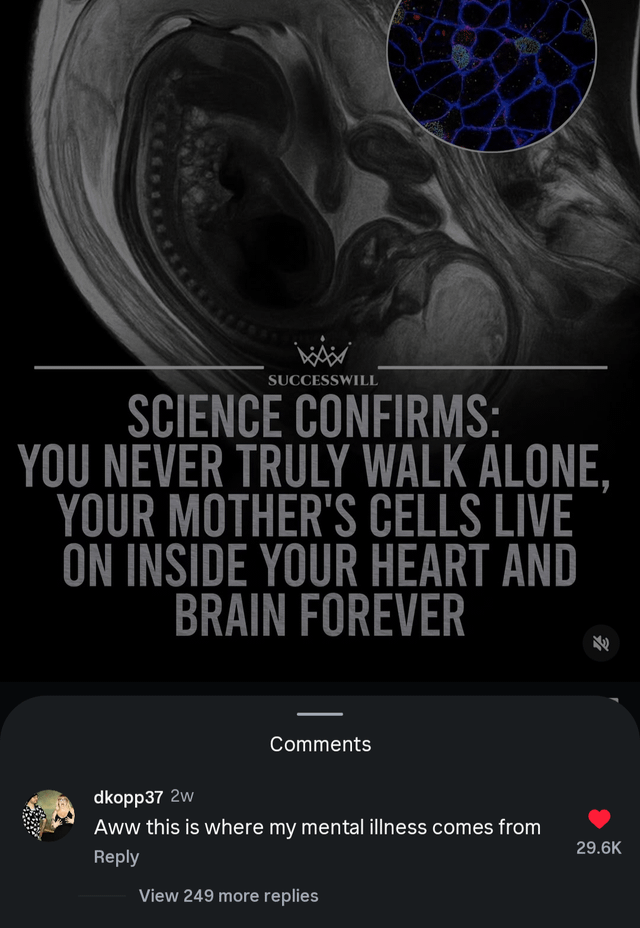 The meme consists of two sections. The top section displays a grayscale fetal ultrasound scan with a small inset of microscopic blue-stained cells, overlaid with text from the brand Successwill stating a scientific fact: maternal cells remain in a child's heart and brain permanently, framed as a wholesome message that no one ever truly walks alone. The bottom section is a screenshot of the top Reddit comment on this post, written by user dkopp37, which sarcastically reads "Aww this is where my mental illness comes from" and has 29.6k likes. This comment subverts the original warm, wholesome tone of the science fact into a self-deprecating joke blaming maternal genetics for the commenter's mental health struggles, which forms the core punchline of the meme matching its original title.