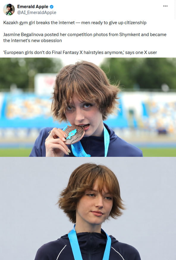 This meme, originally posted on 9Gag with the title 'Guys Agartha is real', consists of a top screenshot of a post from X (formerly Twitter) by user Emerald Apple @AI_EmeraldApple, paired with two photos of Kazakh gymnast Jasmine Begalinova. The X post explains that Jasmine went viral after sharing competition photos from Shymkent, Kazakhstan, becoming a new internet obsession, with one user joking that her wavy short hairstyle resembles styles seen in Final Fantasy X that are no longer common among European girls, and notes that many male internet users have joked they would give up their citizenship to be near her. The two photos show Jasmine: first playfully biting her bronze medal while looking directly at the camera, second looking off to the side with a soft smile, wearing her medal on a blue lanyard. The title 'Guys Agartha is real' is a joke referencing the mythical hidden utopian land of Agartha, implying Jasmine is so unusually beautiful and otherworldly she must be from this mythical place rather than the real world.