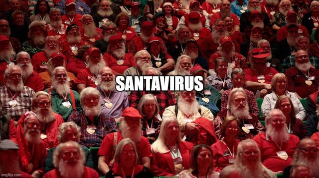 This meme features a photograph of a large audience filled with dozens of people dressed as Santa Claus, most with long white beards and red holiday attire, attending a Santa performer convention. A bold white text overlay in the center of the image reads 'SANTAVIRUS', a punny portmanteau combining 'Santa' and 'virus' referencing common pandemic-era outbreak terminology. The joke, paired with the original title, playfully compares the increasingly early arrival of Christmas promotions, Santa appearances, and holiday season activities each year to a contagious viral outbreak that is spreading and starting sooner annually.
