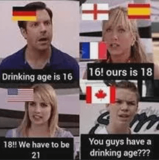 This is a 4-panel reaction meme using stills from the US sitcom Friends. Each panel's character is assigned a national flag to represent a country, sharing their respective legal drinking age in order of increasing age limit: Germany has a drinking age of 16, multiple European countries have a drinking age of 18, the United States has a drinking age of 21. The final punchline features the Canadian character reacting in complete disbelief, asking 'You guys have a drinking age???', implying that Canada has effectively no enforced drinking age, which aligns with the original Spanish title translating to 'Canada is a child' as a joke that Canada has no age restrictions on alcohol consumption.