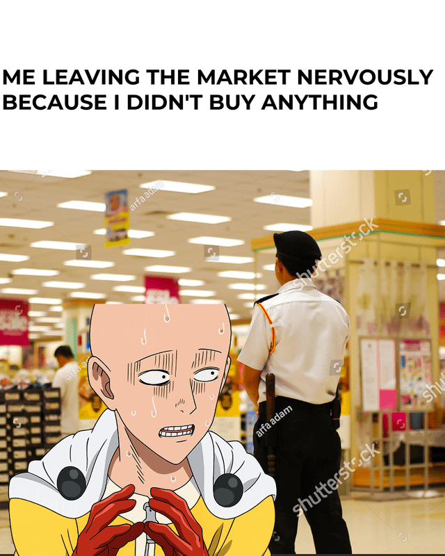 This meme features a real stock photo of a supermarket interior, with a uniformed security guard standing with his back to the viewer in the midground. In the foreground, an edited cutout of the anime character Saitama from *One Punch Man* is overlaid, drawn with a heavily anxious expression: sweating profusely, eyes wide and darting, teeth gritted, looking paranoid. Text at the top of the meme reads 'ME LEAVING THE MARKET NERVOUSLY BECAUSE I DIDN'T BUY ANYTHING'. The joke refers to the common relatable awkward feeling of being irrationally paranoid that store security will suspect you of theft when you leave a retail location without purchasing any items, even though you have done nothing wrong.