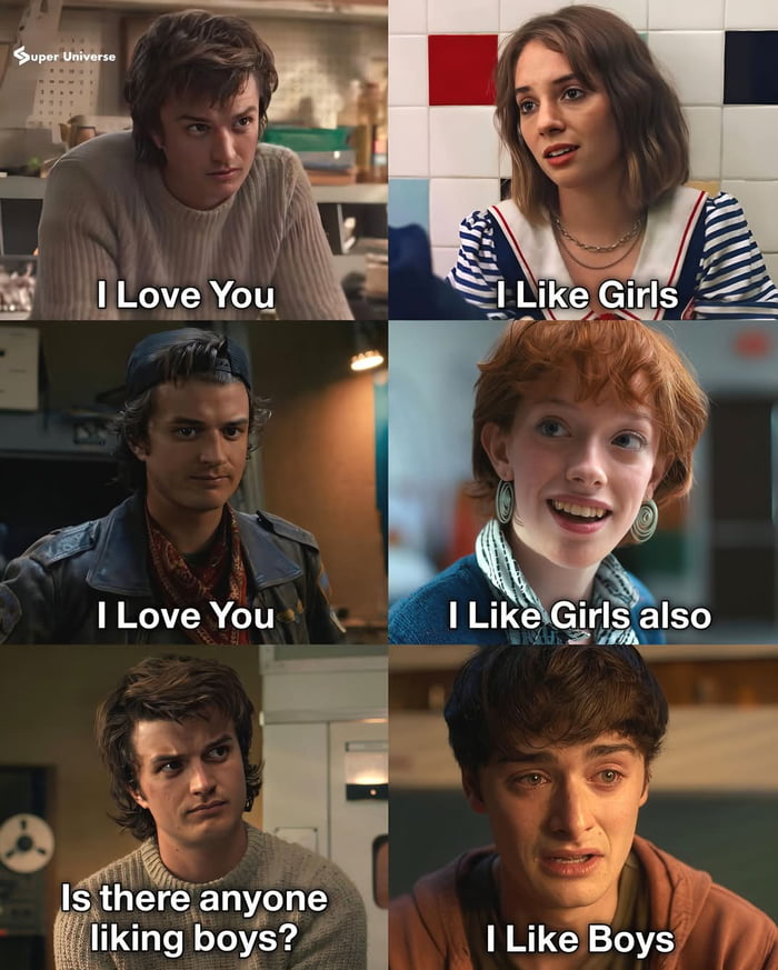 A 3x2 grid collage featuring six live-action characters, each with English text overlays expressing love or attraction. The top-left character (in a sweater) says 'I Love You'; top-right (striped shirt) says 'I Like Girls'; middle-left (jacket and bandana) repeats 'I Love You'; middle-right (large earrings) adds 'I Like Girls also'; bottom-left (thoughtful expression) asks 'Is there anyone liking boys?'; and bottom-right (genuine expression) responds 'I Like Boys'. The characters have varied settings (kitchen, tiled room, etc.) and expressions (earnest, cheerful, smiling). A 'Super Universe' watermark appears in the top-left corner. The meme playfully depicts diverse romantic confessions, including LGBTQ+ identities, creating an inclusive and lighthearted tone.