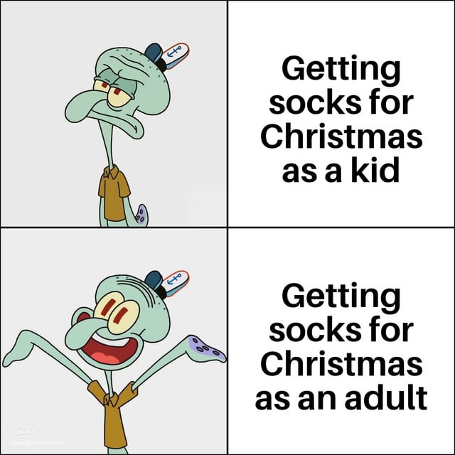 This is a 2x2 grid relatable meme that uses Squidward Tentacles from SpongeBob SquarePants to compare how people's feelings about receiving socks as a Christmas gift change from childhood to adulthood. The top-left panel shows a bored, unhappily frowning Squidward, paired with the top-right text that reads 'Getting socks for Christmas as a kid'. The bottom-left panel shows an overjoyed, excited Squidward with arms spread wide, paired with the bottom-right text 'Getting socks for Christmas as an adult'. The meme jokes that as a kid, socks are seen as a boring, unexciting Christmas gift, but as an adult, practical useful gifts like new socks are actually very appreciated.