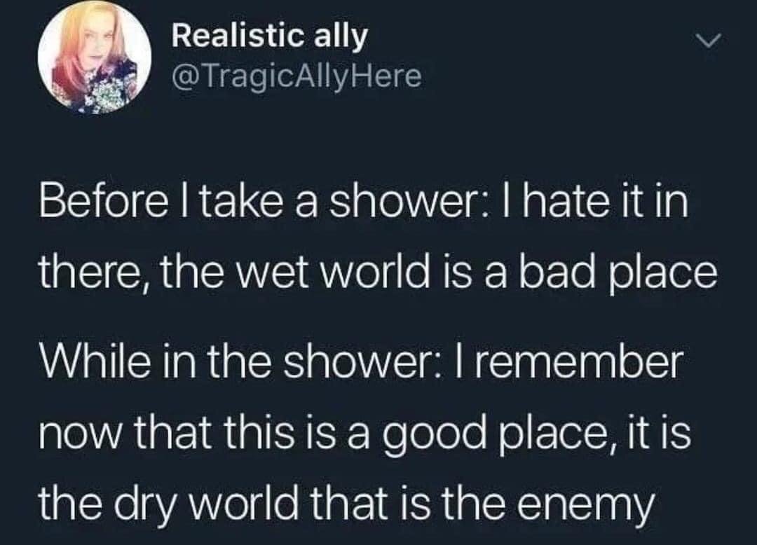 This image is a screenshot of a public X (formerly Twitter) post. It features a lighthearted, relatable joke about the common conflicting feelings people have about showering: before entering the shower, the poster resents the idea of getting wet, describing the "wet world" of the shower as a bad place. Once they are actively showering, their perspective completely reverses: they enjoy the shower so much that they decide the "dry world" outside the shower is the actual enemy. The poster's display name (Realistic ally), username (@TragicAllyHere), and profile picture are visible at the top left of the screenshot.