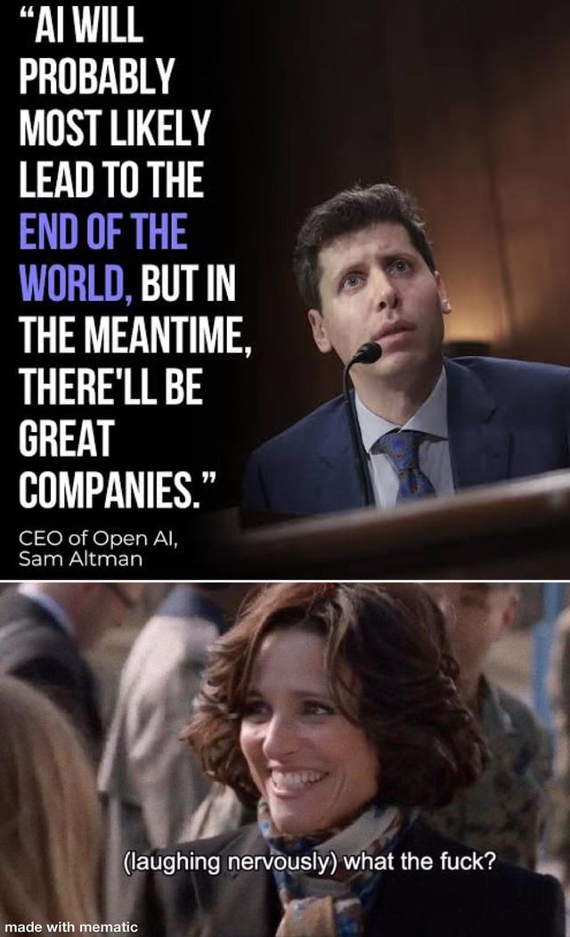 A two-panel meme. The top panel features Sam Altman, CEO of OpenAI, in a suit speaking into a microphone at a podium. Overlaid text quotes him: 'AI WILL PROBABLY MOST LIKELY LEAD TO THE END OF THE WORLD, BUT IN THE MEANTIME, THERE'LL BE GREAT COMPANIES.' The bottom panel shows a woman with curly hair laughing nervously, with the caption '(laughing nervously) what the fuck?' The meme uses humor to highlight the contrast between Altman's apocalyptic AI warning and his focus on corporate success, paired with a relatable anxious reaction.