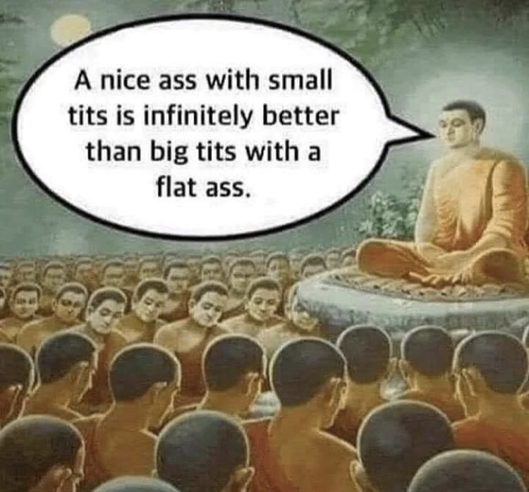 This is an absurd humorous edited meme that repurposes a classical traditional painting depicting the Buddha delivering a spiritual sermon to a large crowd of monk disciples. A speech bubble is artificially added to the Buddha figure, containing a crude, secular, casual hot take stating a preference for women with a nice rear end and small breasts over women with large breasts and a flat rear end. The core joke comes from the extreme contrast between the holy, wise, spiritual context of the original artwork and the trivial, vulgar, relatable secular opinion presented as the Buddha's teaching.