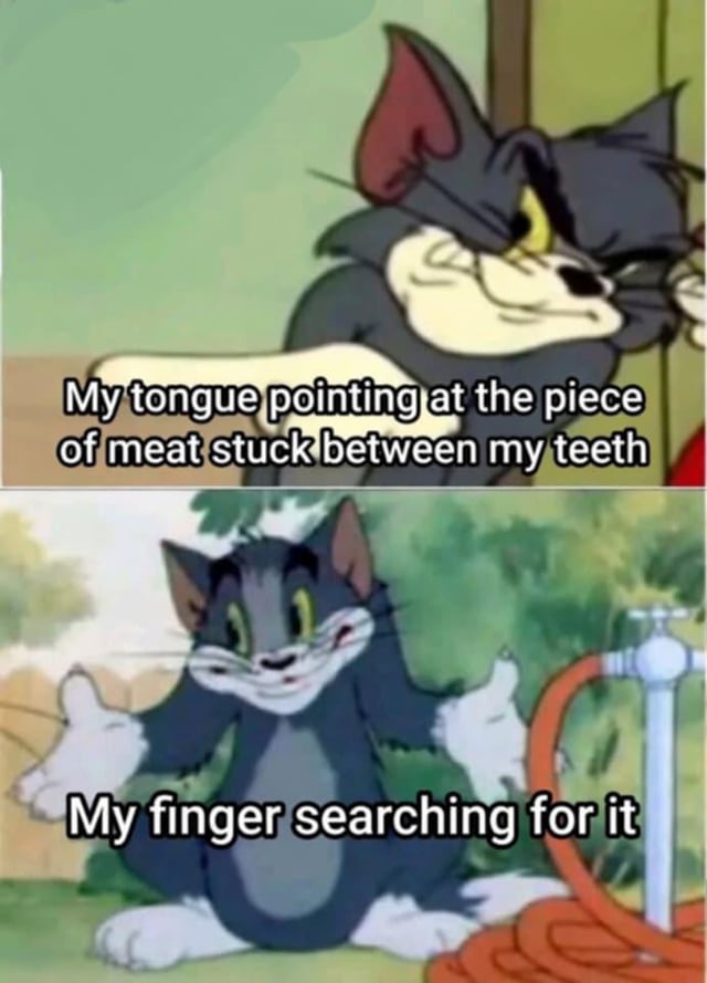 This is a two-panel relatable meme using clips from the classic *Tom and Jerry* animated series. The first panel features Tom the cat squinting with a smug expression, pointing forward with one hand, captioned "My tongue pointing at the piece of meat stuck between my teeth". The second panel shows Tom looking confused, shrugging with both hands spread out, captioned "My finger searching for it". It jokes about the universal common experience where one's tongue can easily locate food stuck between the teeth, but fingers cannot find the same spot despite repeated attempts.
