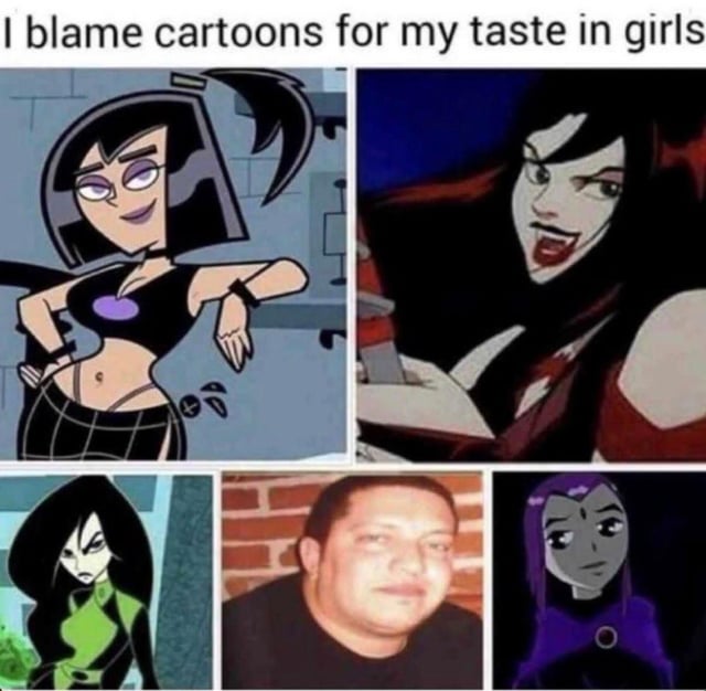 A meme collage with a top text 'I blame cartoons for my taste in girls' featuring a 2x3 grid layout. The top-left, top-right, bottom-left, and bottom-right panels show animated female characters from various cartoons, each with distinct appearances (e.g., black hair, crop tops, purple accents). The central panel features a real man with a neutral expression against a brick wall. The meme humorously suggests that the creator's 'taste in girls' is influenced by cartoon characters from their youth.