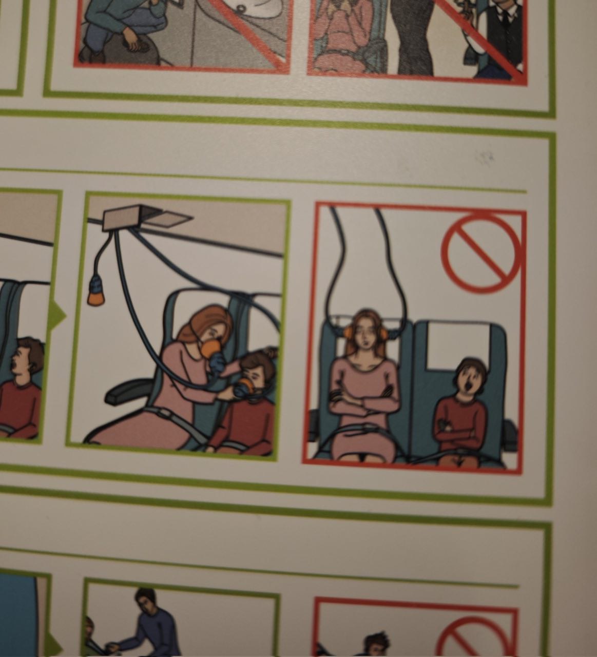 A series of illustrated panels depicting scenes inside a bus, featuring a woman and a child. The panels appear to mimic public safety or etiquette guidelines, with some frames marked by red prohibition signs (a red circle with a diagonal line). One panel shows the woman giving an oxygen mask to the child, while another adjacent panel shows the same woman sitting with arms crossed next to the child, which is crossed out by the prohibition symbol. The contrast between the helpful action (giving oxygen mask) and the prohibited action (sitting with crossed arms) creates a confusing or humorous effect, suggesting a repurposed or edited safety guide.