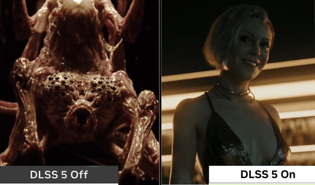 This two-panel meme hyperbolically exaggerates the impact of NVIDIA DLSS (Deep Learning Super Sampling) technology on game visuals:
- Left Panel: Labeled "DLSS 5 Off", shows a grotesque, terrifying monster, representing a low-quality, unrefined visual experience.
- Right Panel: Labeled "DLSS 5 On", shows a smiling, attractive woman, representing a drastically improved, polished visual experience.

The joke plays on gaming community discussions about how upscaling technologies like DLSS can transform game graphics, using an extreme, absurd comparison for comedic effect.