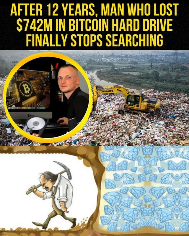 The meme is structured in three sections: a top headline, a middle collage, and a bottom cartoon. The headline reads 'AFTER 12 YEARS, MAN WHO LOST $742M IN BITCOIN HARD DRIVE FINALLY STOPS SEARCHING'. The middle section features a circular photo of a man (likely James Howells) at a desk with a Bitcoin logo and hard drive, alongside an image of a landfill with a Komatsu excavator. The bottom section shows a tired cartoon miner walking away from a cave overflowing with diamonds. The humor hinges on the irony of the man stopping his search just as he might have found the valuable hard drive, referencing the 'he was about to find it' trope.